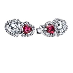 Pandora Silver and Red Heart Earrings